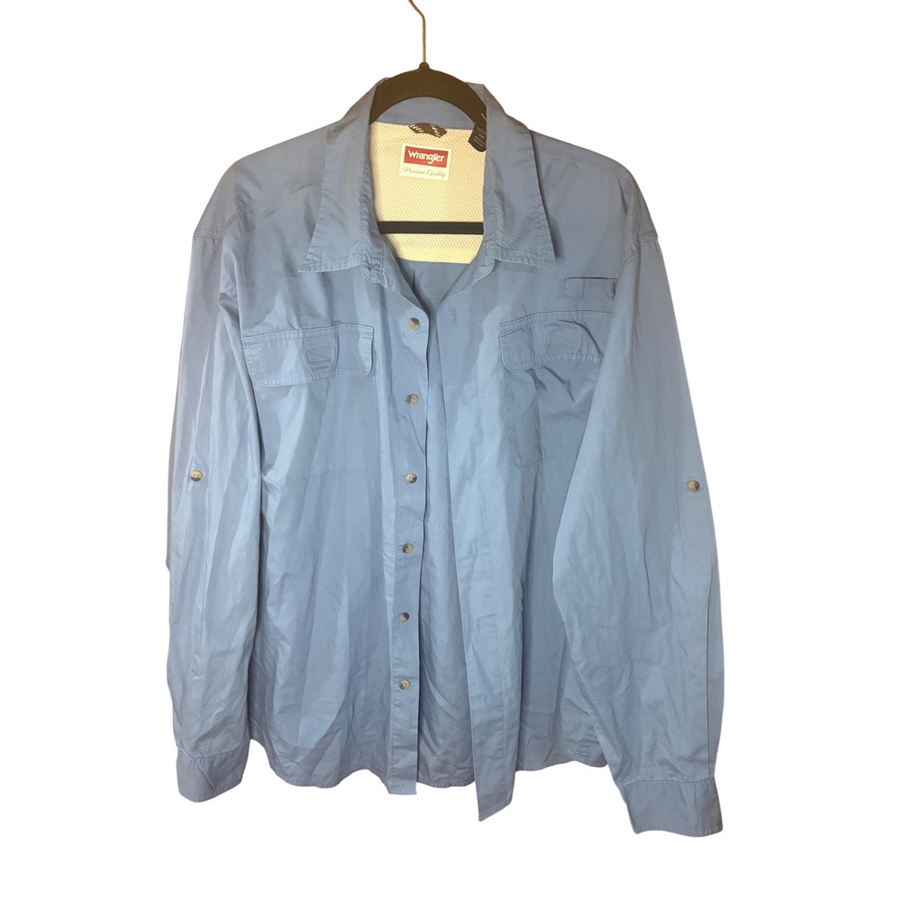 Wrangler Mens 2XL Blue Long Sleeve Fishing Shirt Roll Tab Button Down Mesh Back